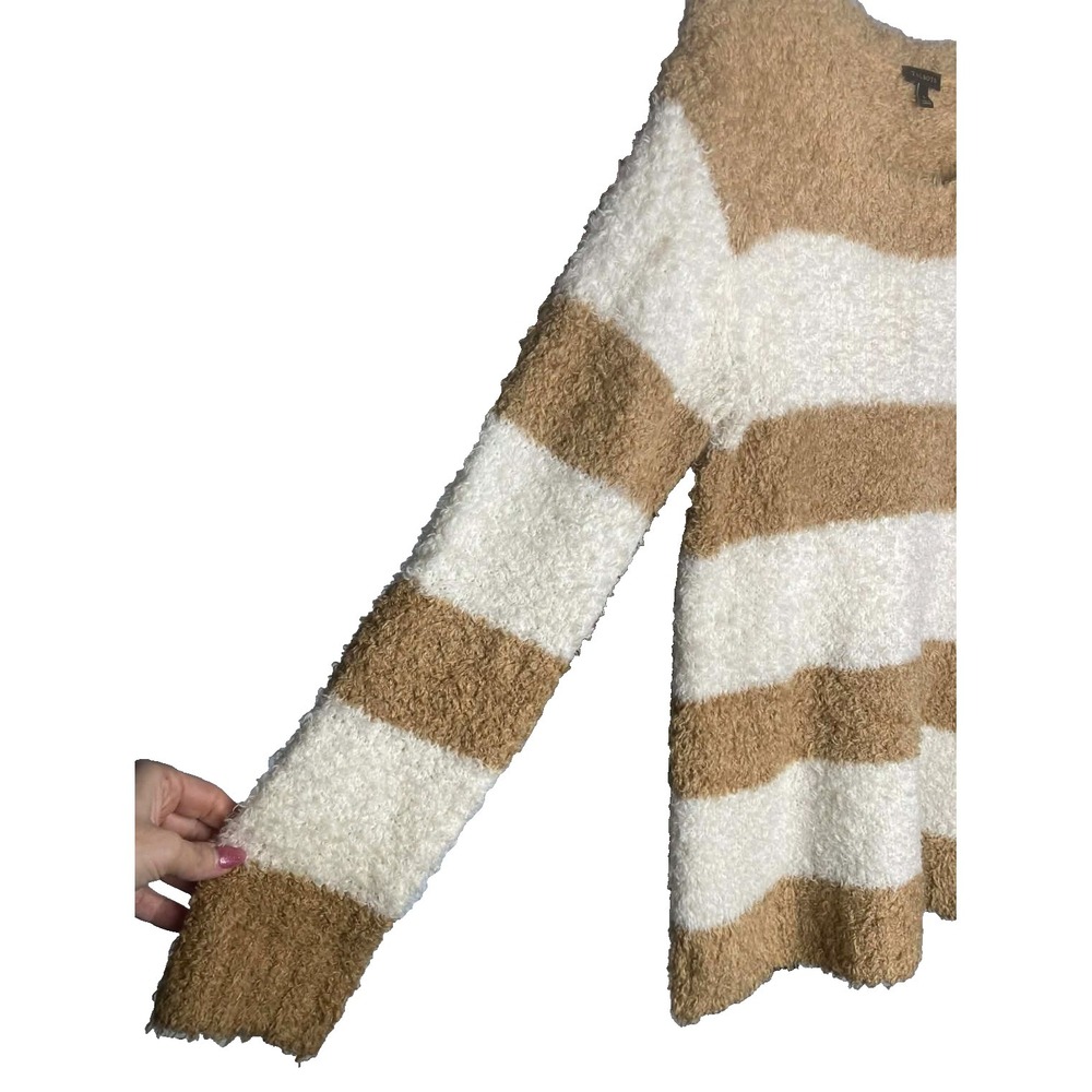 Talbots Size Small Sweater Fuzzy Tan/Ivory Striped Long Sleeve Cotton wool blend - Picture 2 of 6